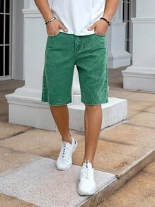Manfinity Homme 男式宽松休闲口袋装饰5英寸内缝牛仔短裤 - 綠色 - 查看 5