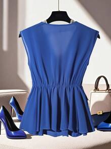 SHEIN Clasi 大码女式时尚休闲通勤优雅无袖衬衫 - 藍色 - 查看 2