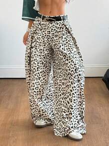 Coolane 女式夏季复古休闲嬉皮街头超大豹纹裤 - 棕色 - 查看 4
