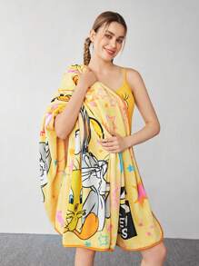 LOONEY TUNES X SHEIN Yellow Cartoon Letter Printed Flannel Square Blanket,Spring / Winter - Yellow - View 2