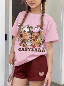 SHEIN Leap Crew 青少年女孩休闲简约短袖上衣和短裤两件套，适合夏季 - 彩色 - 查看 4