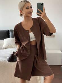 Livesso 2 pièces Ensemble chemise veste décontractée ample de couleur unie à manches courtes et short, style de rue, automne