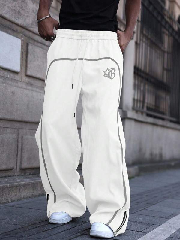 Manfinity Streetrush Men's Contrast Binding Letter Print Zipper Fly Wide Leg Pants, Street Style
