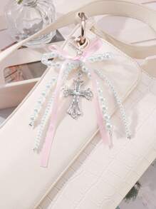 ROMWE Kawaii 1 pezzo Ciondolo versatile, delicato e dolce in stile Y2K, di alta qualità, realizzato a mano con perle, fiocco di nastro e croce di cristallo cava, adatto come portachiavi o decorazione per borse, adatto per donne/ragazze, per uso quotidiano o come regalo