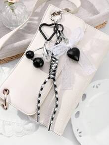 ROMWE Kawaii 1pc Delicate Gothic Style Black Resin Cherry, White Mesh Bow Braided Cord Acrylic Heart DIY Keychain, Phone Charm, Bag Decor, Suitable For Women, Girls, Daily Wear Or Gifts