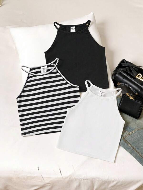 SHEIN Young Girl Knitted Solid Color Top & Striped Top Sleeveless Camisole 3pcs Set