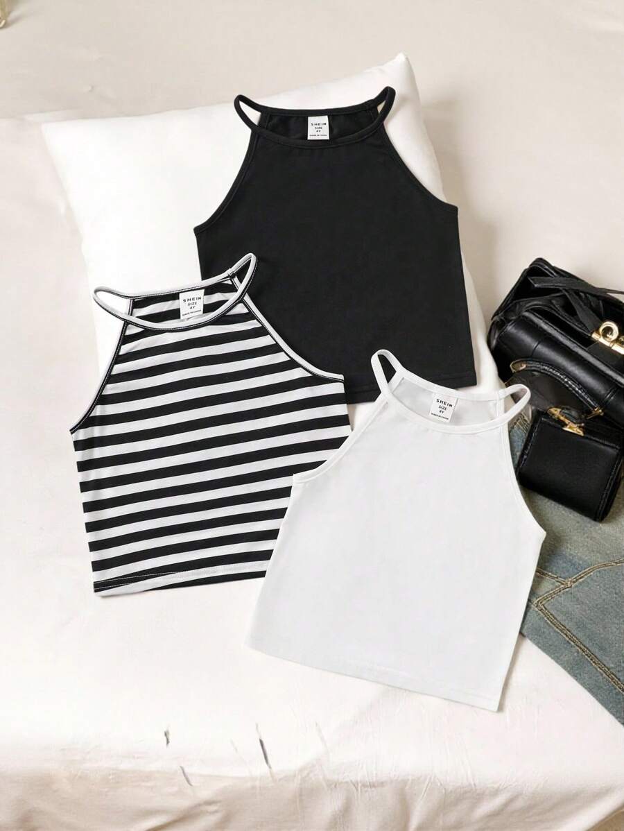 SHEIN Young Girl Knitted Solid Color Top & Striped Top Sleeveless Camisole 3pcs Set - Multicolor - View 1
