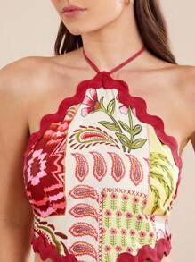L'Amorae Top halter sin espalda con detalles de ribete ondulado, estampado tropical para vacaciones de primavera y verano