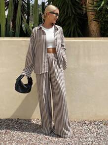Livesso 2pcs Women Casual Striped Long Sleeve Blouse And Pants Set, Summer