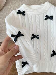SHEIN Cute Baby Girl Bow Long Sleeve Sweater & Elastic Waist Pants Sets, Casual & Versatile, Autumn/Winter Baby Girl Sweater Set Two Piece Winter Outfits For Toddler Girl Knit Two Piece Toddler Bow Baby Girl Outfit Toddler Girl Knit Set - Multicolor - View 3