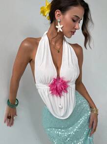 Aloruh Backless Tie Bow Neck Floral Print Elegant Vacation Tank Top - White - View 2