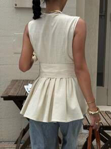 Siren Gaze 秋季纯棉腰无袖A字裙女衬衫蝴蝶配色V领系带雨伞休闲背心女荷叶边上衣 - 杏色 - 查看 2