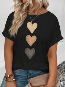EMERY ROSE 女士休闲圆领短袖袖口渐变心形印花加大码 T 恤