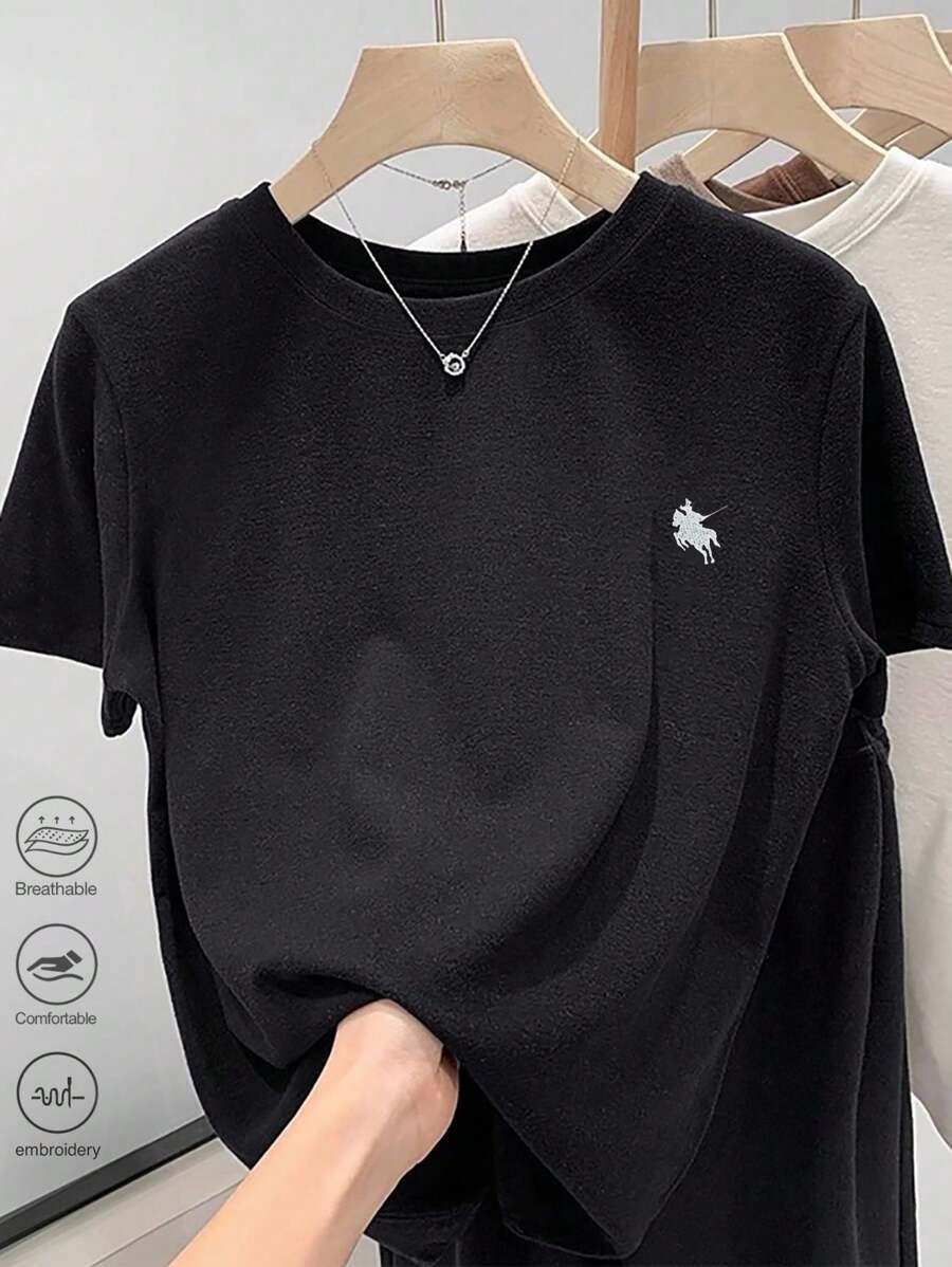 SHEIN Plus Size Women Embroidered Round Neck Short Sleeve T-Shirt - Black - View 1
