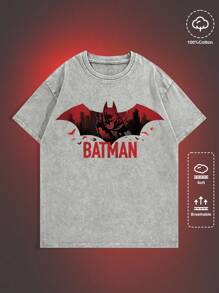 ROMWE MEN Batman X ROMWE Men's Letter & Figure Graphic Grey Short Sleeve T-Shirt - Grey - View 1