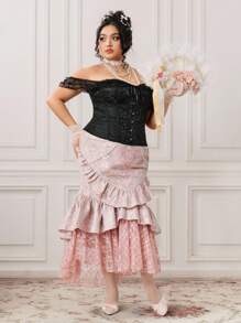 ROMWE EDITION Gonna stile vintage romantico a sirena per taglie forti da donna, in tessuto jacquard con catena di perle e rifiniture in pizzo - Rosa - Visualizzare 8