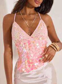 Opulessa Áo cổ yếm dệt kim sa trơn màu cho tiệc sinh nhật bãi biển mùa hè dành cho nữ, mùa thu, thời trang đường phố Y2k, hòa nhạc đồng quê, văn phòng, đi chơi đêm, đêm hẹn hò, áo kim sa màu hồng sân bay - Hồng - Xem 1