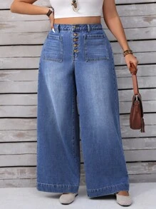 EMERY ROSE 大码水洗高腰阔腿牛仔裤 - 藍色 - 查看 5