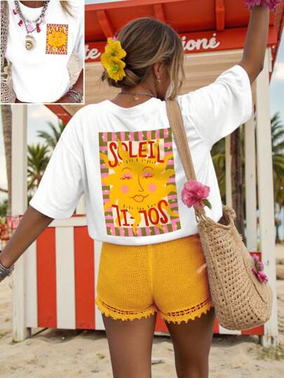 DrmWander Women's Casual Graphic Tee, Street Style Short Sleeve T-Shirt, Cute Summer Top, Vacation Vibe, Accented With Red