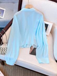 SHEIN LUNE Plus Size Casual Solid Color Long Sleeve Shirt - Blue - View 2