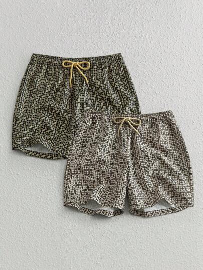 Manfinity VCAY 2件装 男士休闲梭织中腰抽绳直筒短裤 男士泳裤 配套泳裤 几何印花泳裤 游泳短裤 沙滩短裤