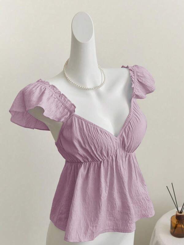 Elamini Blue Cute Girl Ruffled Cap Sleeve Sexy Backless V-Neck Cropped Camisole Top