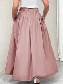 Firerie Falda larga plisada de talle alto en gris con bolsillos, cintura elástica, para otoño y vuelta al colegio, tallas grandes para mujer - Rosa vieja - Ver 2