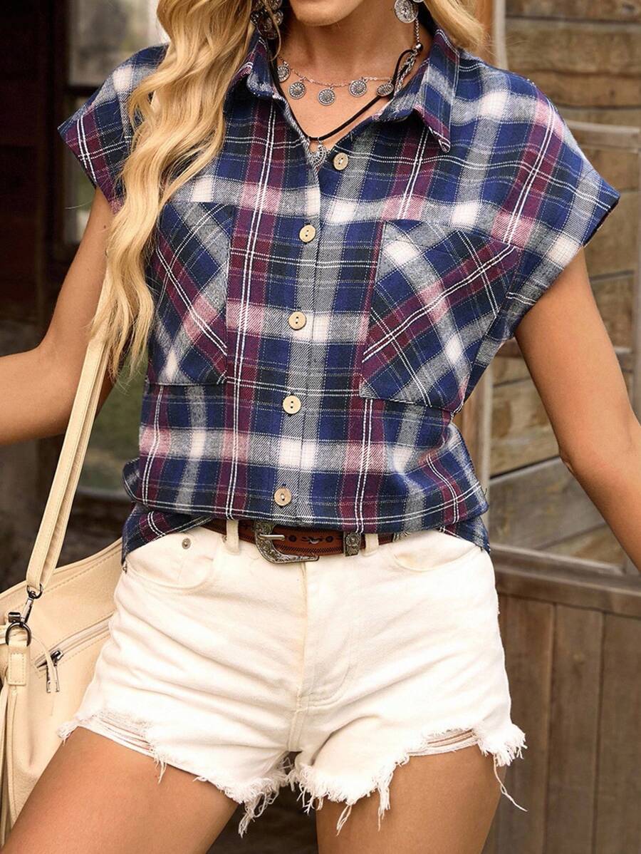 LanaWest 女式休闲西部复古紫色格子短袖纽扣装饰双口袋衬衫，春夏 - 紫色 - 查看 1