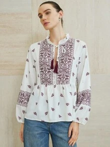 Aveloria Modichic New Summer Women's Casual Tassel Drawstring Lantern Sleeve Printed Vacation Blouse' Fall Cloth For Women - Multicolor - View 4