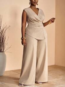 Veslaya 2 Piezas Set Talla grande: Top cruzado sin mangas con bajo desigual y pantalón ancho de cintura alta, elegante para fiesta, oficina, noche, boda, cita, primavera/verano 2025