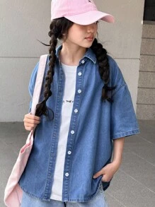 SHEIN Koszula dla nastolatek w stylu casual Y2k w stylu vintage, luźna, z odpinanym rozcięciem z tyłu, kokardą i niebieskimi klapami z jeansu, miękka, codzienna, na lato i jesień, na festiwal Rave i na plażę, luźna, dżinsowa, luźna koszula na jesień i zimę, powrót do szkoły, powrót do domu - Niebieski - Zobacz 3