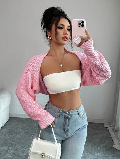 Selianne Women's Casual Solid Color Ribbed Cropped Cardigan