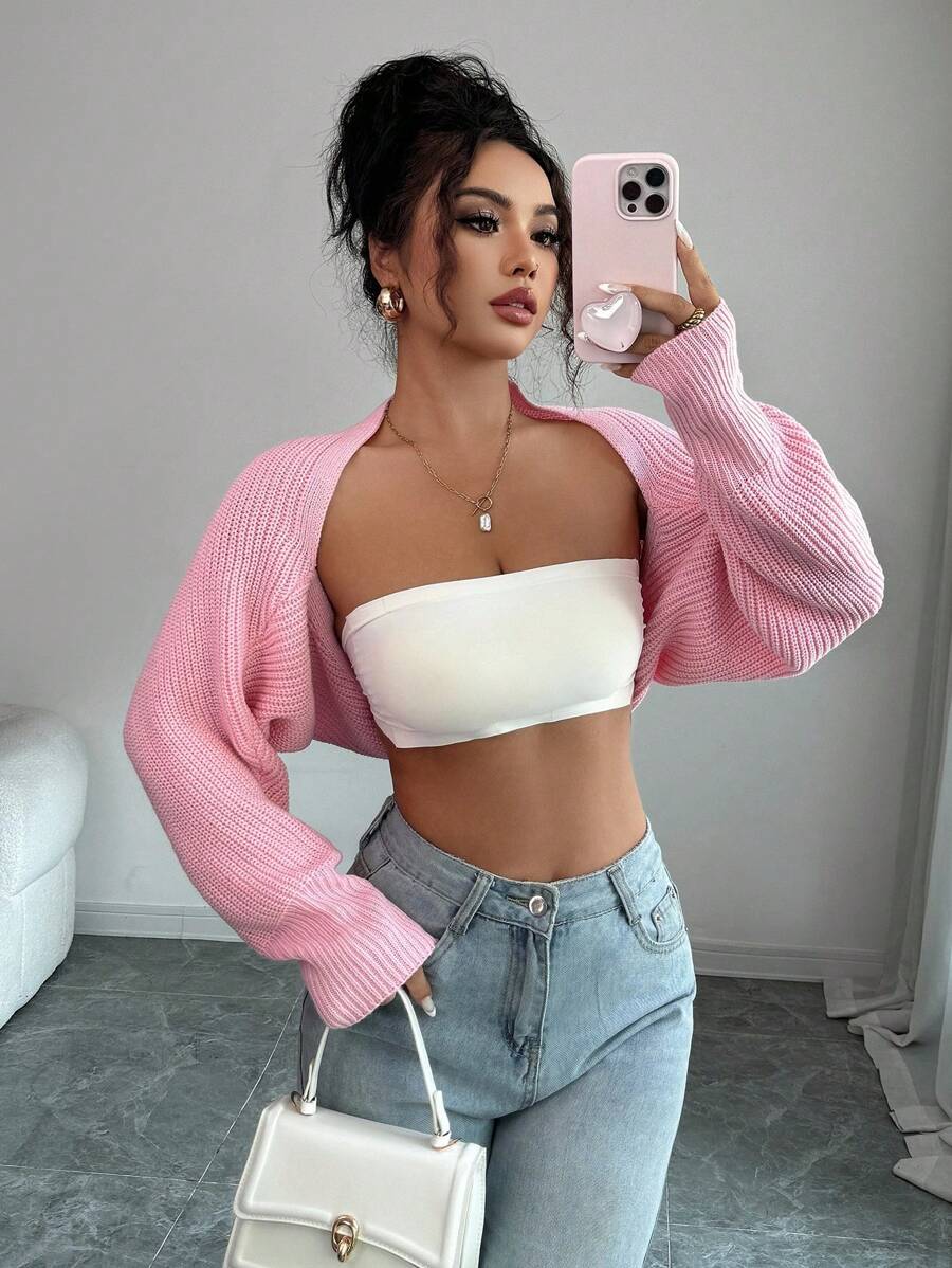 Selianne Women's Casual Solid Color Ribbed Cropped Cardigan - Pink - View 1