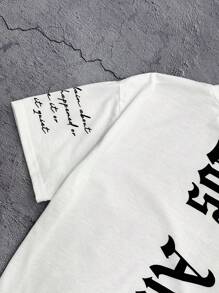 SHEIN 2pcs/Set Tween Boy Summer Casual Graffiti Letter Printed Short Sleeve Round Neck T-Shirt And Elastic Waist Shorts Set, Suitable For Autumn, Spring, Summer, Outdoor, School, Street Shooting, Party And Leisure At Home - Black and White - View 4