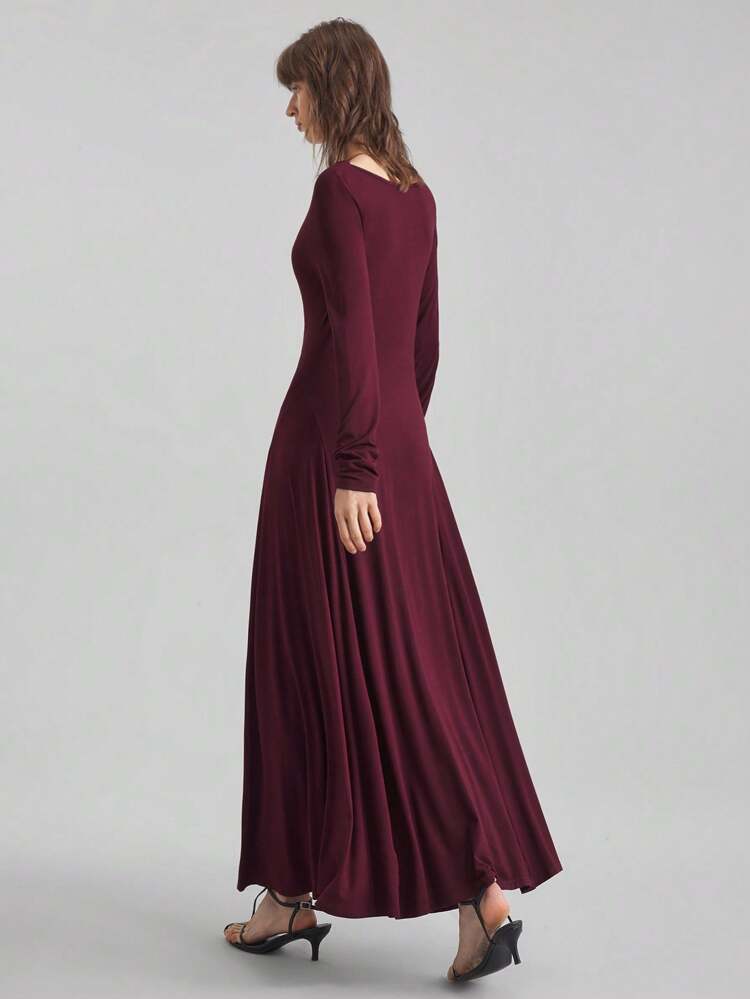 Elegant Split Design, 2025 New Arrival, Women Long Dress, Material, Knitted Fabric, Boat Neck, Long Sleeve, Flared, Purple-Red, Daily Wear, Casual Outfit, Business Commute, Graceful Top Business Casual Women's Clothing Office Clothing Low-Key Old Money Style Effortless Temperament High-End Urban Commuting High-Quality Airport Women's Clothing High-End Material Elegant And Intellectual Female Wedding Guest Dress Outfit And Beautiful French Slouchy High-End Sense Of Intelligence Old Money