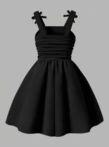 Elladie kids Girls Elegant Solid Color 3D Bow Pleated Shoulder Strap Cami Dress, Fashion Spring/Summer New Party/Occasion Wear Summer Holiday - Black - View 3