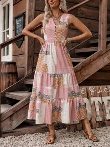 LanaWest Women's Casual Western Bohemian Beach Style Sleeveless Buttoned Decorated 3-Tier Maxi Dress, Spring/Summer - Multicolor - View 6