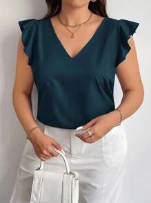Firerie Plus Size Elegant Commuter Women's V-Neck Ruffle Cap Sleeve Red Festive Minimalist Summer Blouse, Teacher Summer Shirt Spring - Teal Blue - View 4