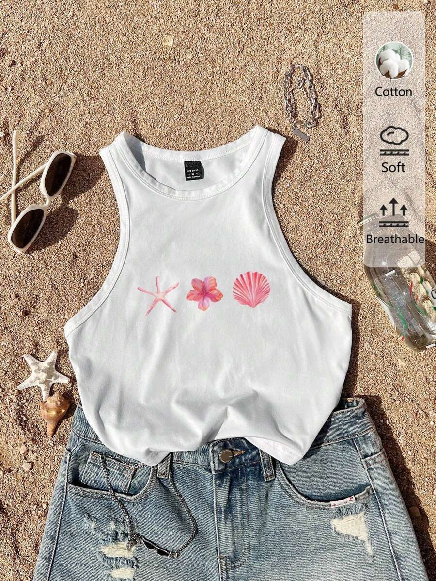 Attitoon 休闲简约粉色海洋元素海星热带花卉贝壳图案圆领修身女式背心，适合夏季度假，含棉量 34% - 白色 - 查看 1