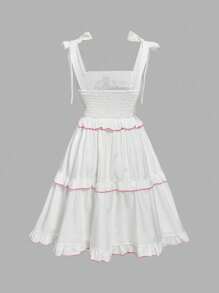 SHEIN MOD Plus Size Women Floral Print Short A-Line Cake Skirt, Cute Embroidery Layered Ruffle Hem Dress, Tie Bow Sash, - White - View 2