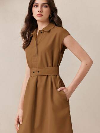 BizChic 2025 Brun Polokrage Midjebälte Design Sidofickor Damklänning, Romantisk, Elegant, Mångsidig, Business Casual, Kontorskläder