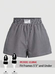 SHEIN PETITE CURVE Shorts casuales de mujer con cintura elástica con estampado de rayas y letras suelto
