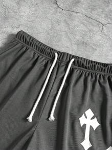 SHEIN Leap Crew 1 Stück Teenager-Jungen-Shorts mit Kreuz-Aufdruck und Slogan-Grafik, Kordelzug in der Taille, doppellagig, vielseitig, lässig, Frühling, Schulanfang - Grau - Übersicht 5