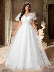 Aureia Váy cưới thêu lưới sang trọng cổ tròn họa tiết hoa đính ren tay bèo cỡ lớn thanh lịch & lãng mạn màu trắng - trắng - Xem 5