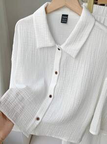 Comfortcana 大码女式白色亚麻衬衫长裤套装，适合度假、外出和日常穿着，秋季款 - 白色 - 查看 5