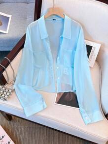 SHEIN LUNE Plus Size Casual Solid Color Long Sleeve Shirt - Blue - View 1