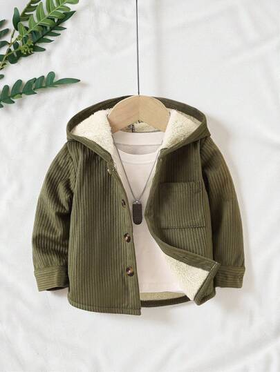 SHEIN Vintaside Kids Casaco Infantil Masculino com Capuz de Mangas Longas em Veludo Cotelê de Cor Sólida, com Botões na Frente e Bolso, Adequado para Outono e Inverno