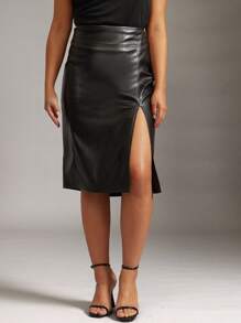Hauture Women High Waisted Black Faux Leather Midi Skirt With Front Slit - Black - View 1