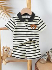 SHEIN Vintaside Kids 2 件套男婴休闲经典 Polo 条纹套装，小熊刺绣图案，简约优雅，面料柔软，适合日常穿着、度假、上学、聚会、春夏季 - 彩色 - 查看 3