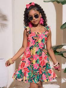 SHEIN 青少年女孩休闲度假盖袖圆领罩衫热带印花 A 字连衣裙 - 黑色 - 查看 6